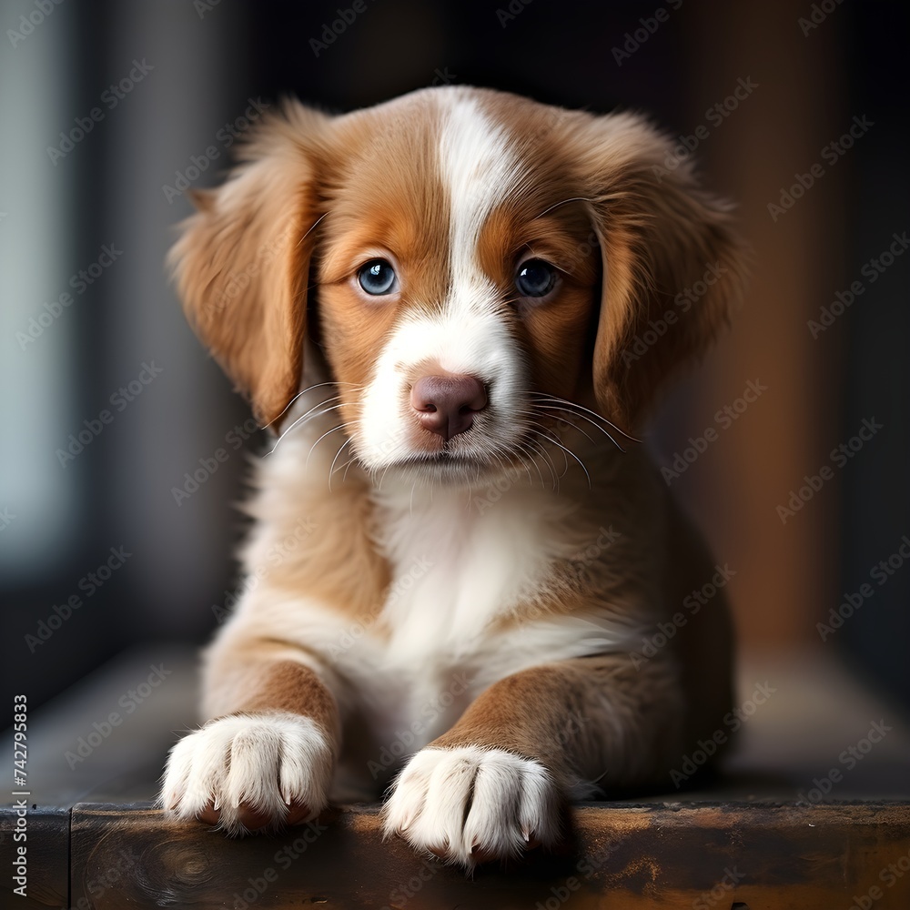 Cute puppy leaning on a chair and looking straight ahead