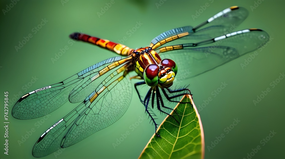 A dynamic shot of a dragonfly in mid-flight, with its wings frozen in motion A dynamic shot of a dragonfly in mid-flight, with its wings frozen in motion