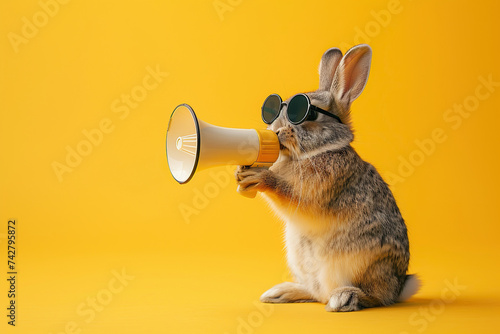 Cool bunny in sunglasses with megaphone on yellow background
