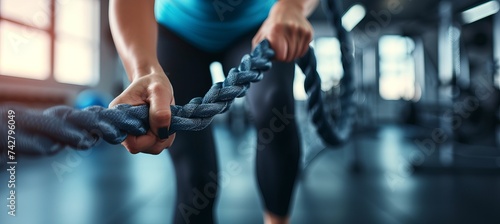 Fitness woman working out with battle rope at gym, copy space for text placement photo