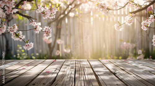 春らしい陽気。桜と木のテーブル。バナー背景