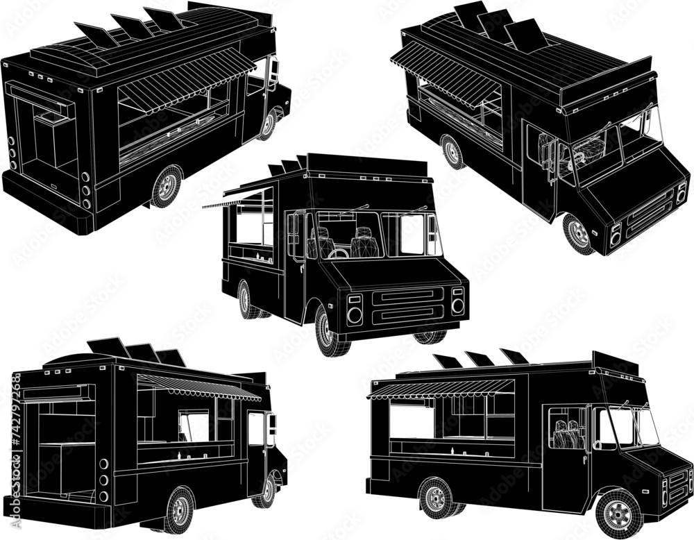 sketch vector illustration of food truck car design for selling fast food - obrazy, fototapety, plakaty 