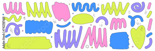 Playful shapes in a careless childish style. Bright colors and cute doodle elements. Contemporary vector illustration.