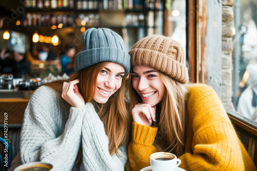 Happy girlfriends having breakfast sitting in a coffee shop.