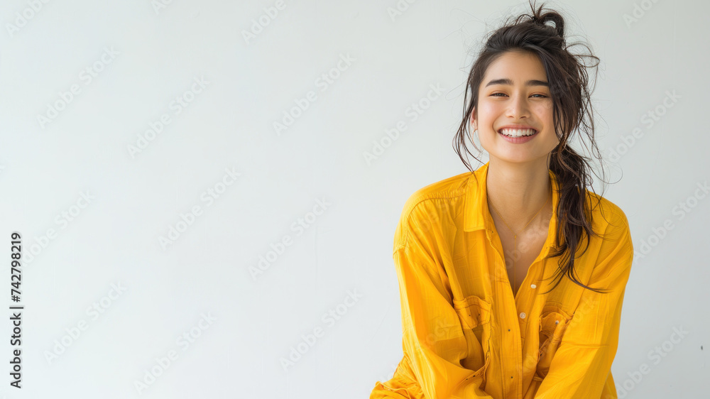 Asian woman wearing yellow shirt smiling laugh out loud isolated on grey Asian woman wearing yellow shirt smiling laugh out loud isolated on grey