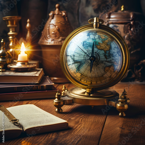 A vintage globe with a compass on a wooden desk.