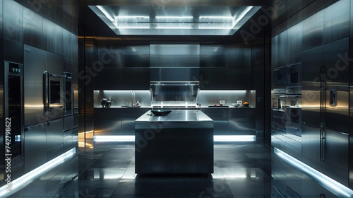 A futuristic kitchen with sleek, reflective surfaces, adorned with smart appliances seamlessly integrated into the design. Soft LED lighting enhances the metallic accents