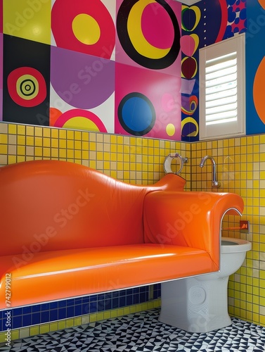 Transfer bench in a pop art themed bathroom bright and bold transitions