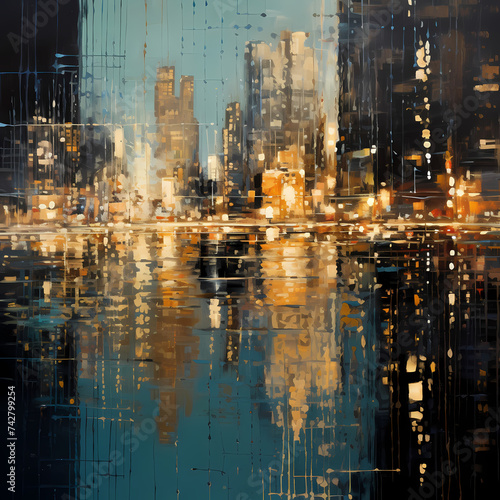 Abstract city lights reflected in water.