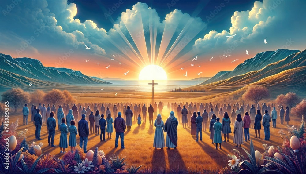 Easter Resurrection: Crowd Gathered Around the Cross at Sunrise
 - obrazy, fototapety, plakaty 