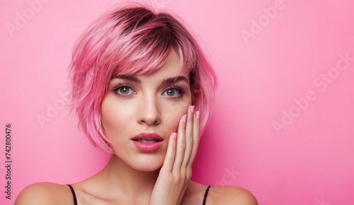 Surprised woman with pink short hair over pink background