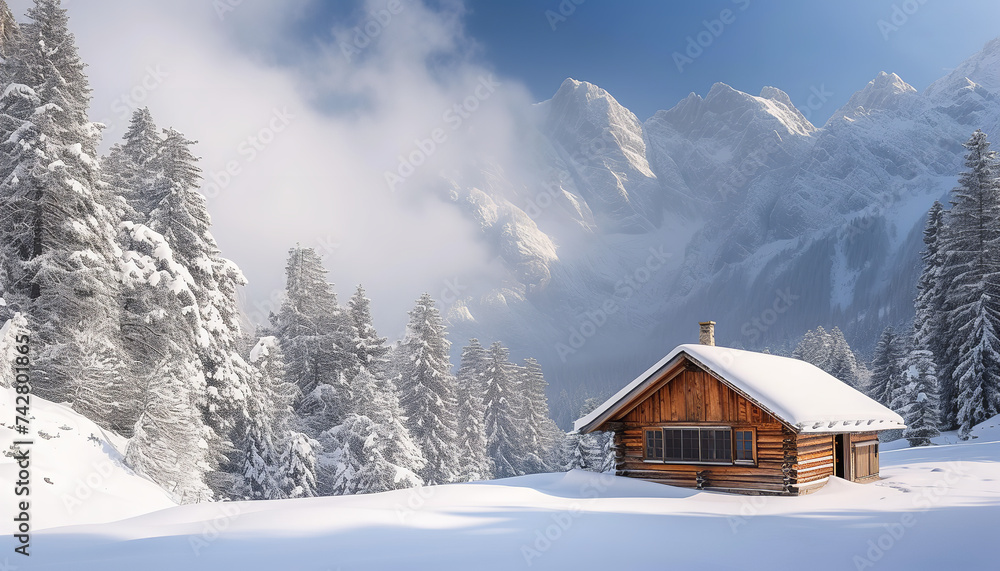 Wooden cabin nestled amidst snowy mountain landscape  - wide format