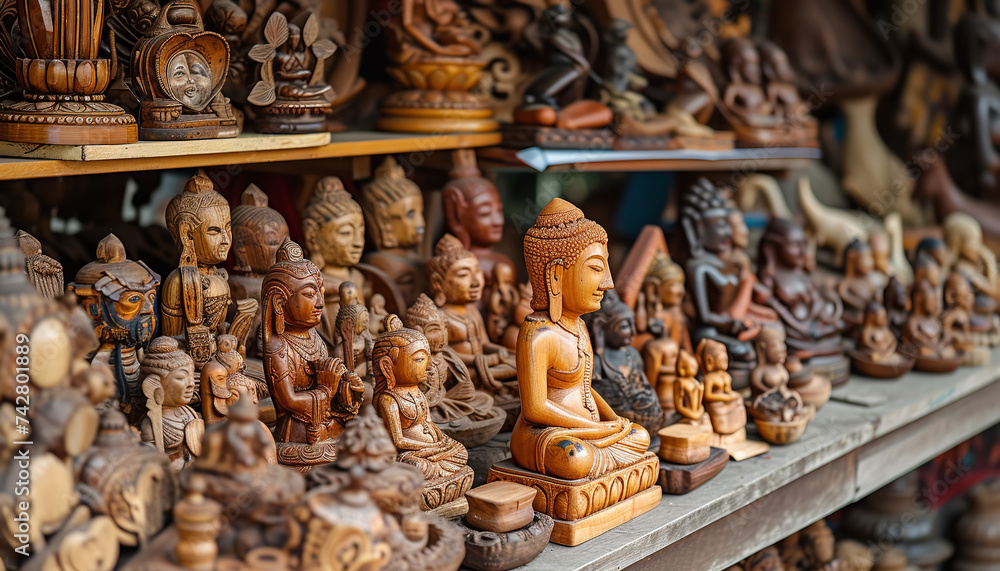 Array of handcrafted wooden items - from bowls to toys - elegantly showcased at a bustling market stall - wide format