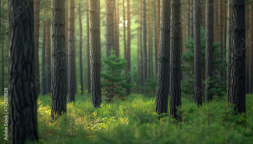 Dense forest view capturing trees in various life stages - from saplings to towering mature trees - wide format © Davivd