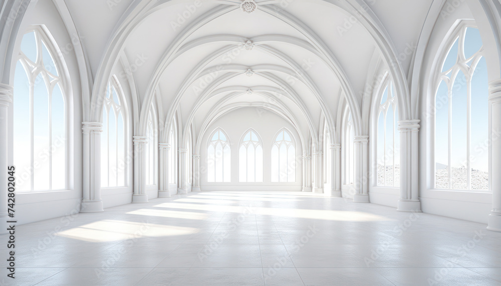 all white hall with many gothic arches marble
