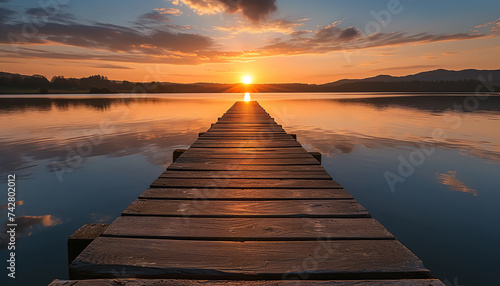 A tranquil scene captures a wooden jetty reaching out into calm waters - with the glow of sunset reflecting off the surface - wide format