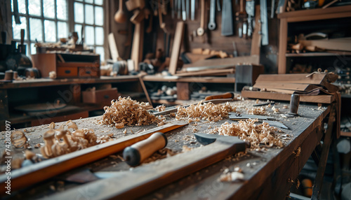 Atmospheric woodworker's studio filled with tools, scattered shavings, and various pieces in different stages of completion - wide format