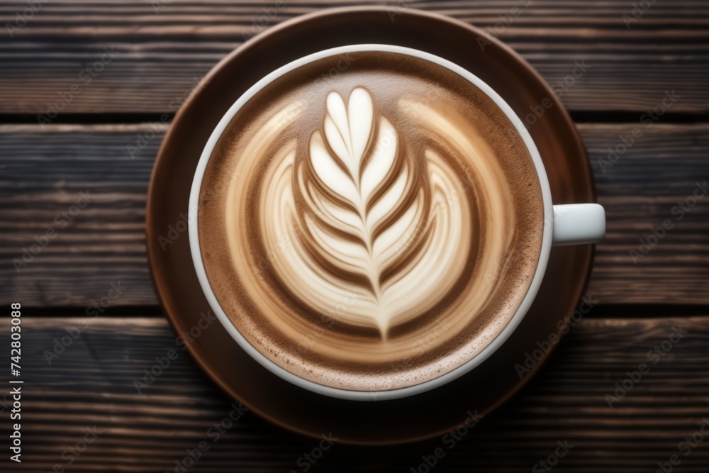 Top view of cup of hot coffee, on rustic wooden surface. Hot coffee, chocolate. Fresh. Black cup. Top view of cup of hot coffee, on rustic wooden surface. Hot coffee, chocolate. Fresh. Black cup.