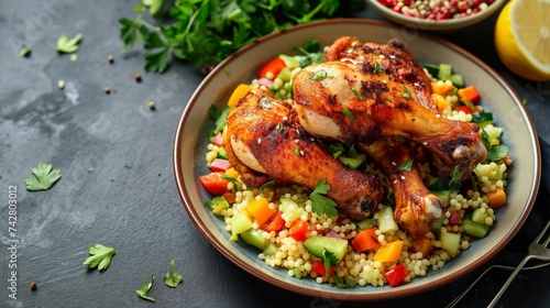 Air-fried chicken legs served with a side of Mediterranean-inspired couscous and vegetable salad. 8k