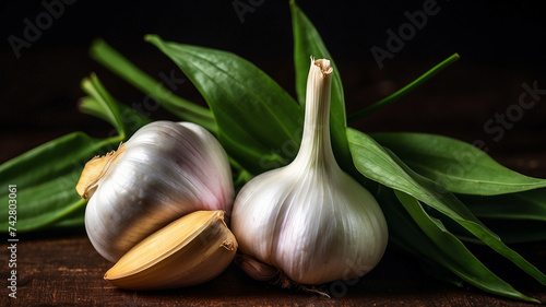 A tantalizingly fragrant garlic bulb  its flawless white cloves shimmering against the backdrop of rich green leaves.