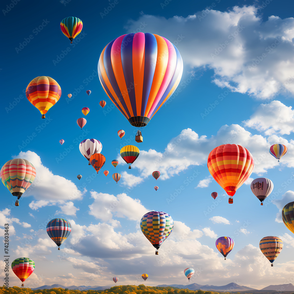 Colorful hot air balloons against a clear sky.