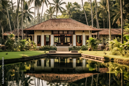 A stunning modern house nestled by the tranquil shores of a picturesque lake in Thailand, offering serene views and a peaceful retreat amidst nature's beauty.