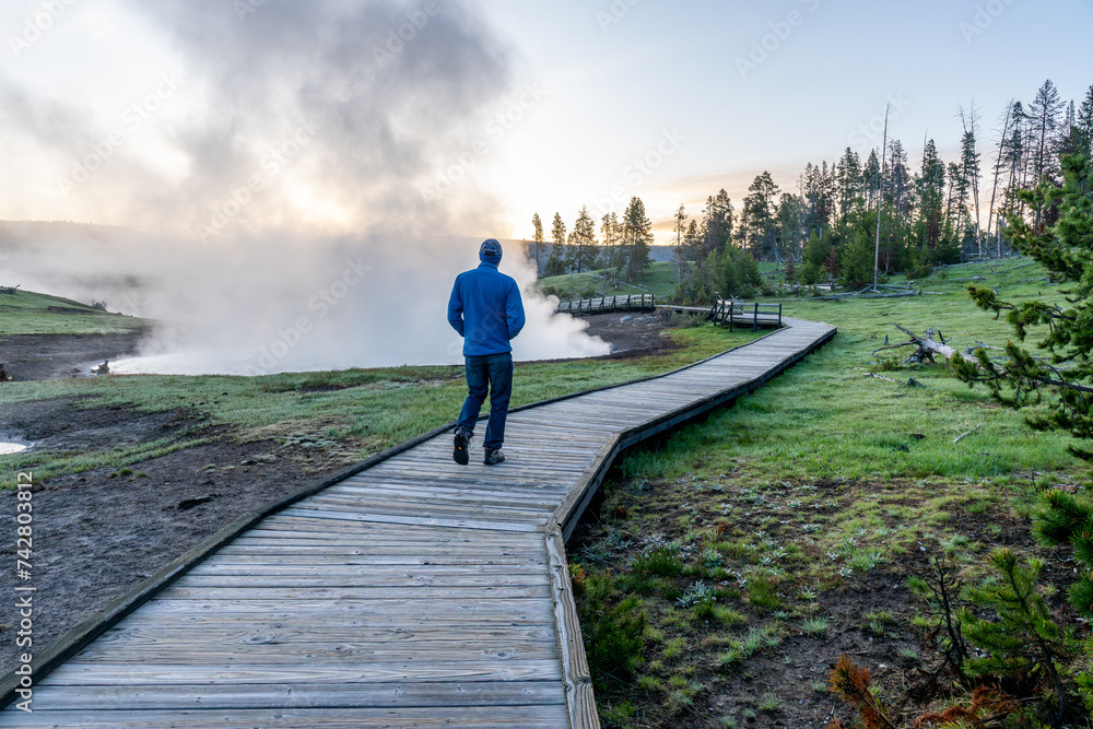 A man, visitor walking down an elevated wooden boardwalk over grassy land with hot springs steaming and the rising sun, West Thumb Geyser Basin, Yellowstone National Park, Wyoming
