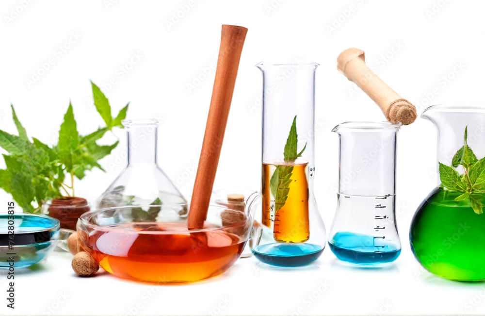 Glass equipment with natural ingredients and pile for laboratory ,cut out isolated on white background Glass equipment with natural ingredients and pile for laboratory ,cut out isolated on white background
