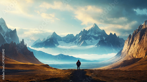 A surreal men walking on a futuristic landscape with big mountains