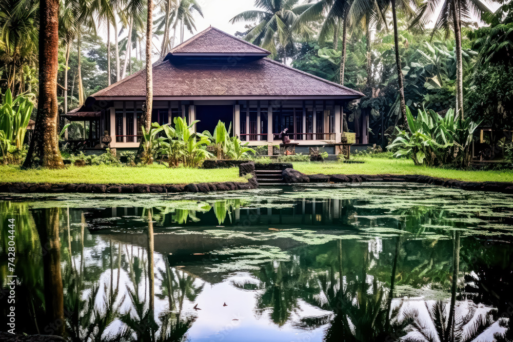 A stunning modern house nestled by the tranquil shores of a picturesque lake in Thailand, offering serene views and a peaceful retreat amidst nature's beauty.