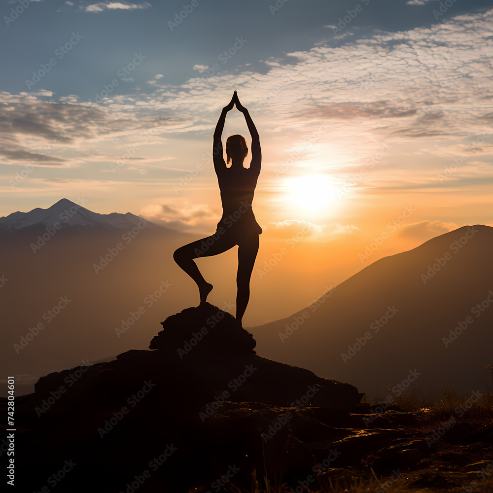 Silhouette of a person practicing yoga on a mountain