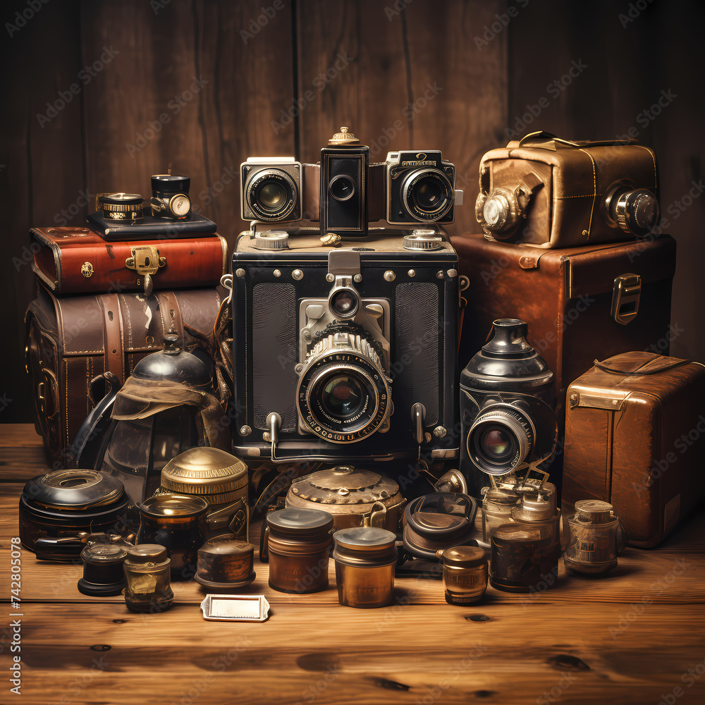 Vintage camera equipment on a wooden table.