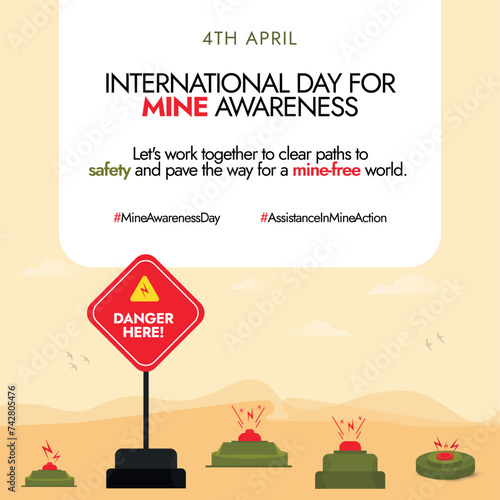 International day for mine awareness. World Mine Awareness Day 4th April, celebration banner with mines on ground and danger sign board. Awareness for world free of landmines and explosive remnants.