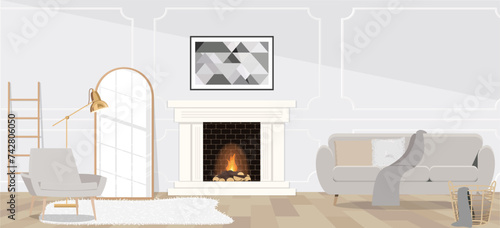 Beautiful living room interior with fireplace and armchair