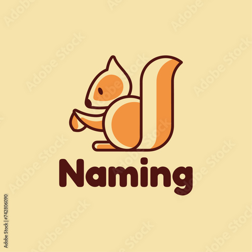 logo with illustration of squirrel eating nut, symbol in lines design in vector