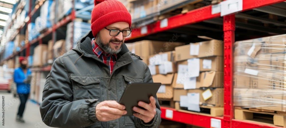 Female manager at warehouse using tablet, worker loading truck with cardboard boxes outdoors Female manager at warehouse using tablet, worker loading truck with cardboard boxes outdoors