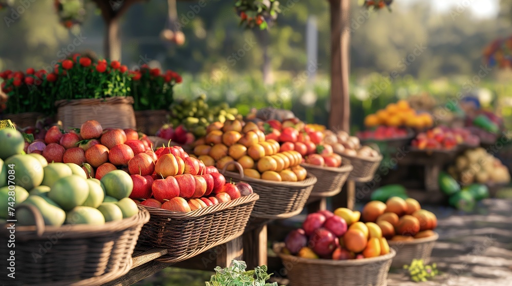 An inviting farmers market stand overflowing with organic fruits and vegetables, baskets of freshly laid eggs, and homemade preserves. 