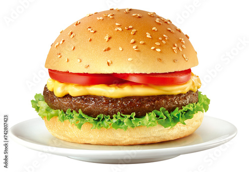 Suculento hambúrguer de carne bovina com salada, tomate, maionese no pão com gergelim isolado em fundo transparente photo