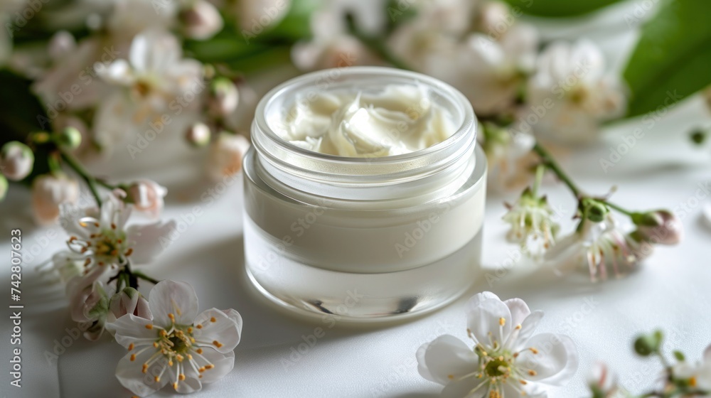 whitening and moisturizing Face cream in an open glass jar and flowers on white background. Set for spa, skin care and body products and solutions for skin problems such as scars, acne, wrinkles. whitening and moisturizing Face cream in an open glass jar and flowers on white background. Set for spa, skin care and body products and solutions for skin problems such as scars, acne, wrinkles.