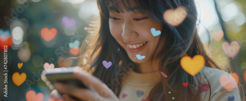 portrait of smiling young asian lady chatting at social networks on smartphone in park, double exposure with emojis, hearts and likes. Modern communication remotely outdoor, collage