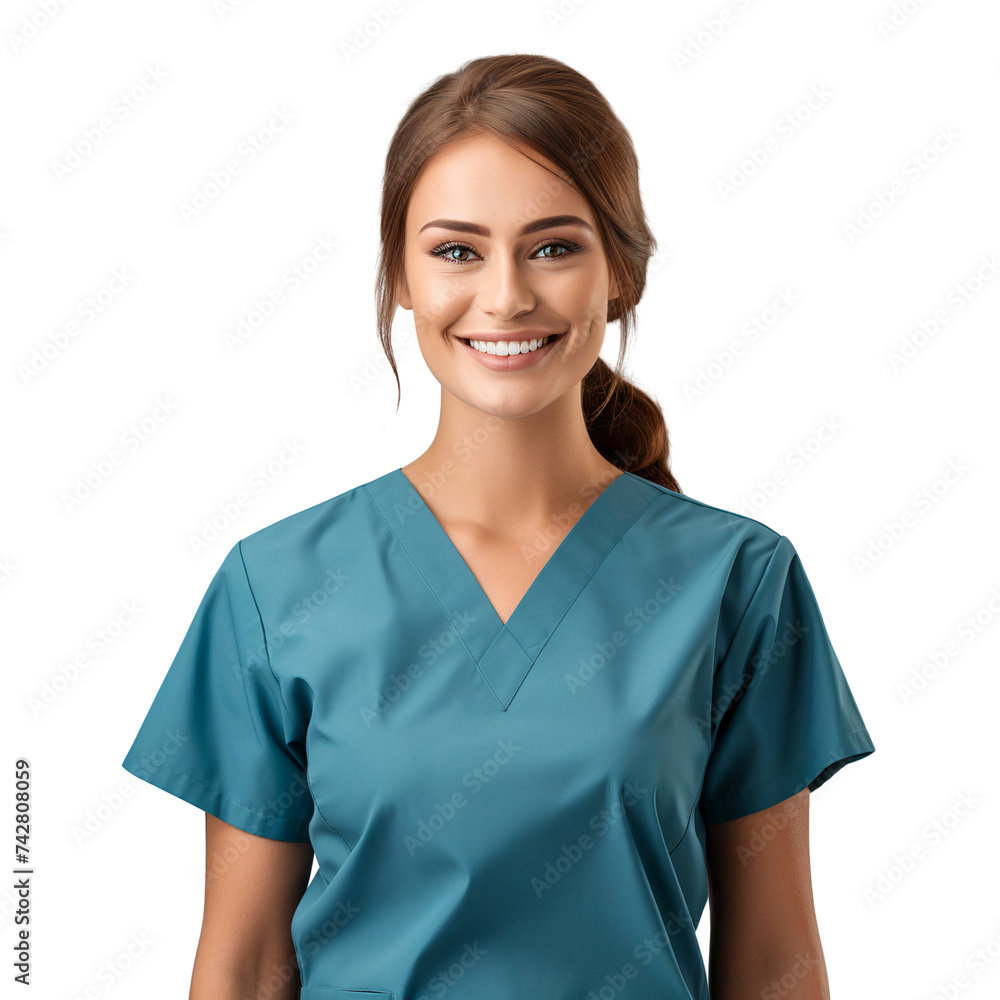 Portrait of a smiling woman nurse, confident worker, isolated on transparent background Portrait of a smiling woman nurse, confident worker, isolated on transparent background