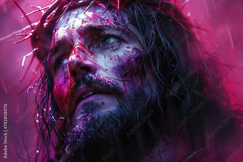 jesus the prophet standing with crown of thorns, in the style of lens flares, eye-catching detail. Generative AI.