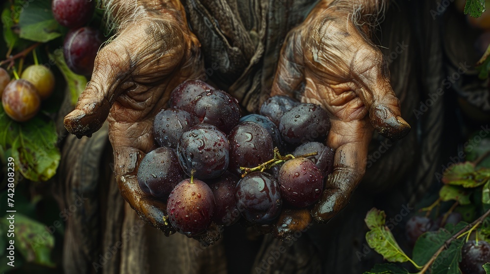 close up plums in hands - obrazy, fototapety, plakaty 