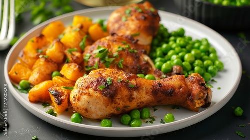 Appetizing meal of fried chicken legs with a side of roasted butternut squash and green peas. 8k