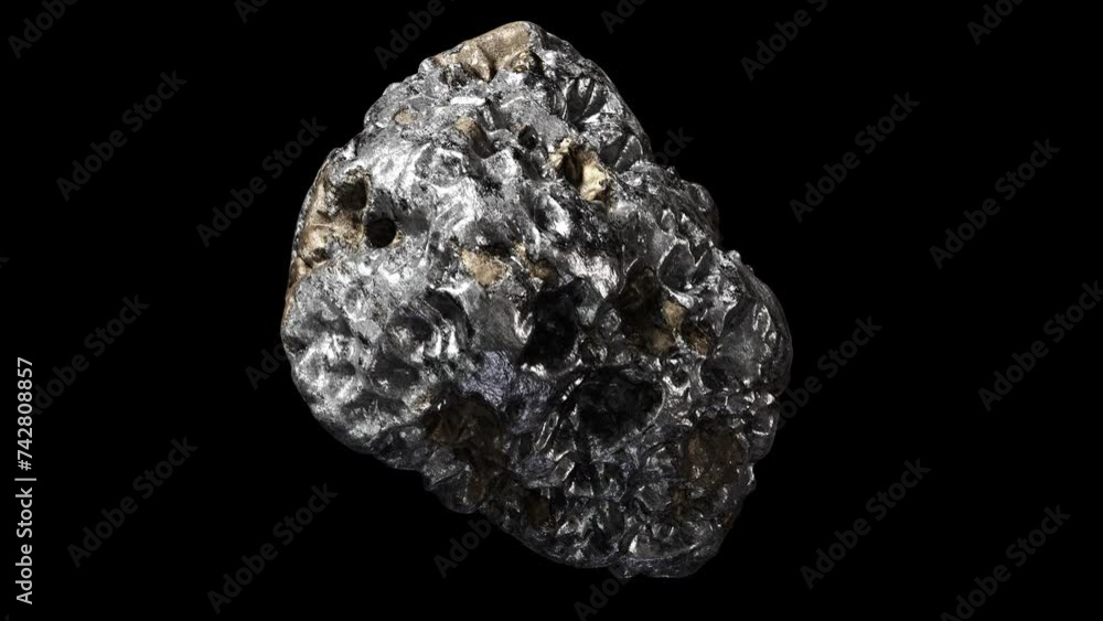 Realistic abstract looping 3D animation of the spinning platinum nugget with mineral inclusions rendered in UHD with alpha matte Realistic abstract looping 3D animation of the spinning platinum nugget with mineral inclusions rendered in UHD with alpha matte