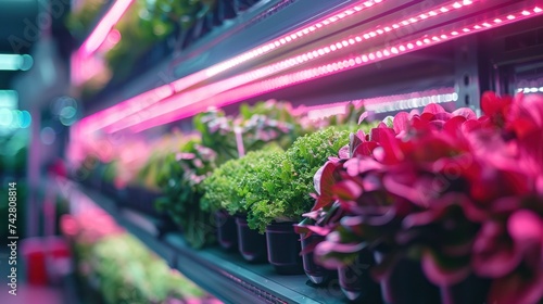 Shelf on a stand with green plants. Vertical farm of organic plants under artificial pink LED light. Hydroponics system. Agricultural technology.