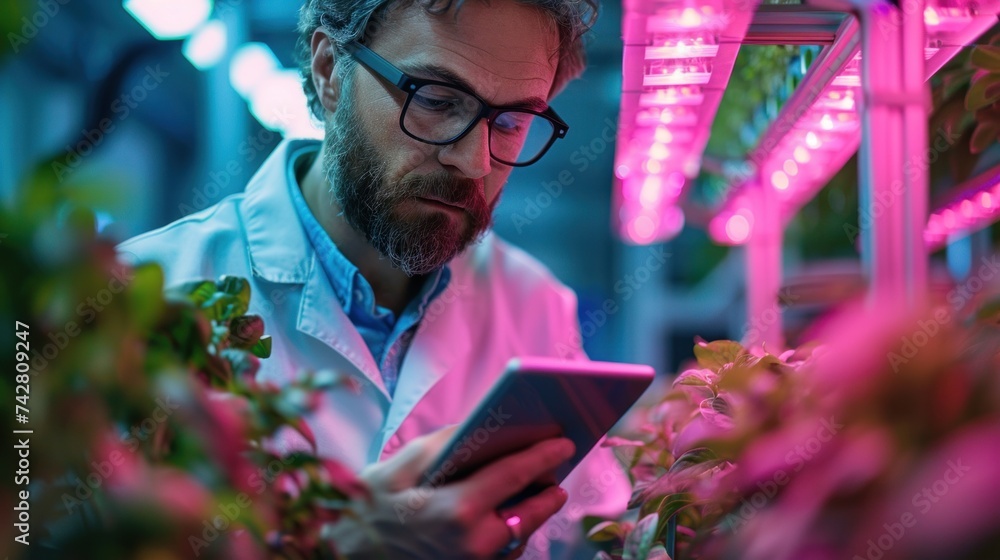 Man farmer with tablet in hand working on a vertical farm of organic plants under artificial pink LED light. Hydroponics system. Agricultural technology.