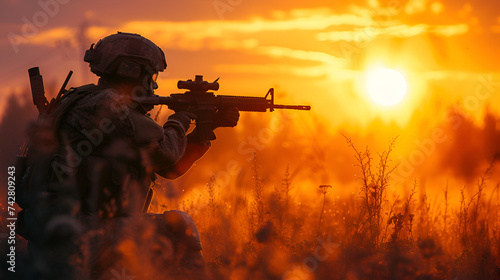 Soldier shooting with his rifle at sunset.generative ai