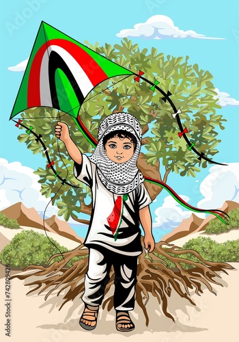Child from Gaza, little Boy with Keffiyeh and holding a flying kite symbol of free Palestine illustration  (ID: 742809426)