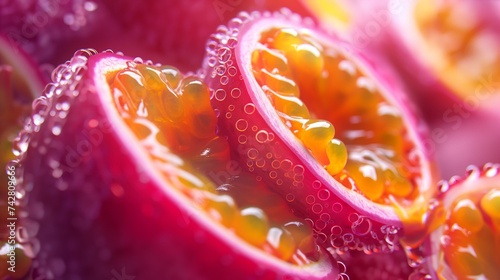 Close-up of passion fruit seeds, emphasizing their vibrant color and juicy texture. 8k photo